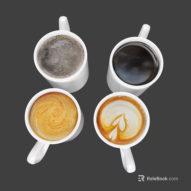 Four White Coffee Cups With Latte Art Milk Foam And Black Coffee 3d model 