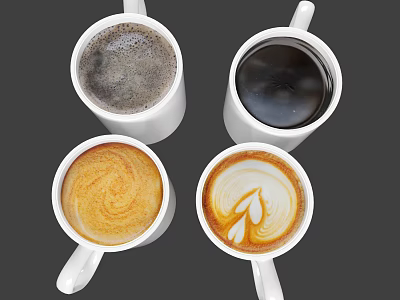 Four White Coffee Cups With Latte Art Milk Foam And Black Coffee 3d model