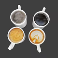 Four White Coffee Cups With Latte Art Milk Foam And Black Coffee