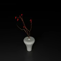 Minimalist White Ceramic Vase with Red Berry Branches on Dark Reflective Surface 3d model