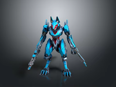 Blue Mechanical Wolf Like Creature With Sci Fi Design And Weapons 3d model