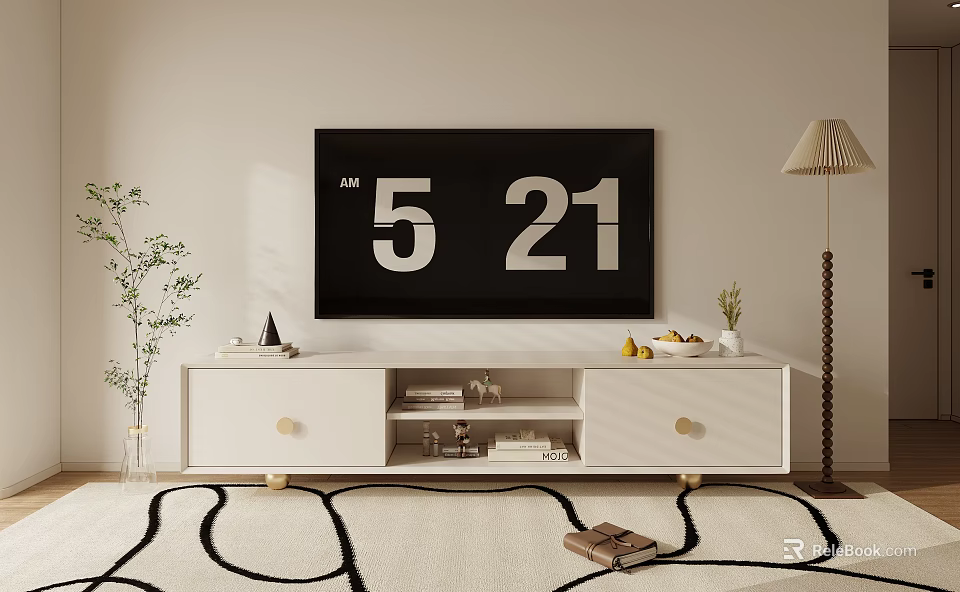 Modern White TV Stand With Drawers Storage Decorative Items Floor Lamp And Potted Plant 3d model 