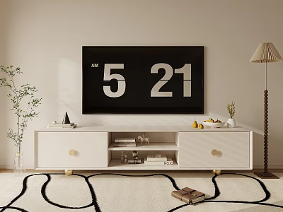 Modern White TV Stand With Drawers Storage Decorative Items Floor Lamp And Potted Plant 3d model