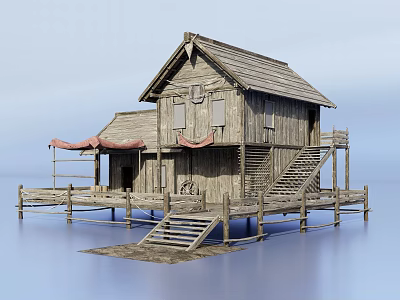 Rural Self built House with Wooden Structure Staircase Canopy Platform on Stilts Over Water 3d model