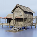 Rural Self built House with Wooden Structure Staircase Canopy Platform on Stilts Over Water