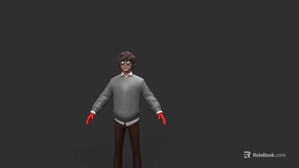 Game Movie Character 3D Model with Brown Hair Glasses Gray Sweater Red Gloves Brown Pants 3d model 