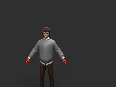 Game Movie Character 3D Model with Brown Hair Glasses Gray Sweater Red Gloves Brown Pants 3d model