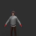 Game Movie Character 3D Model with Brown Hair Glasses Gray Sweater Red Gloves Brown Pants