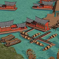 Traditional Wooden Boats By Chinese Red Buildings With Tile Roofs And Wooden Piers
