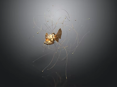 Golden Organ Like Structure With Fine Hair Strands On Dark Background 3d model