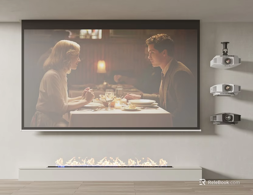 Projection Monitoring System with Large Screen Display Wall Mounted Security Cameras and Indoor Fireplace 3d model 