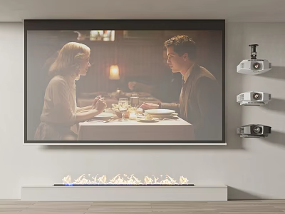 Projection Monitoring System with Large Screen Display Wall Mounted Security Cameras and Indoor Fireplace 3d model