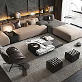 Modern L Shaped Sofa And Marble Coffee Table Set With Decorative Pillows And Area Rug