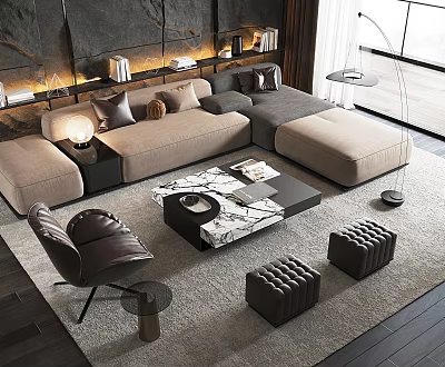 Modern L Shaped Sofa And Marble Coffee Table Set With Decorative Pillows And Area Rug 3d model