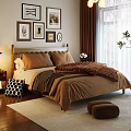Cozy Double Bed With Framed Pictures Bedside Lamp Brown Pillows White Bedding And Brown Curtains