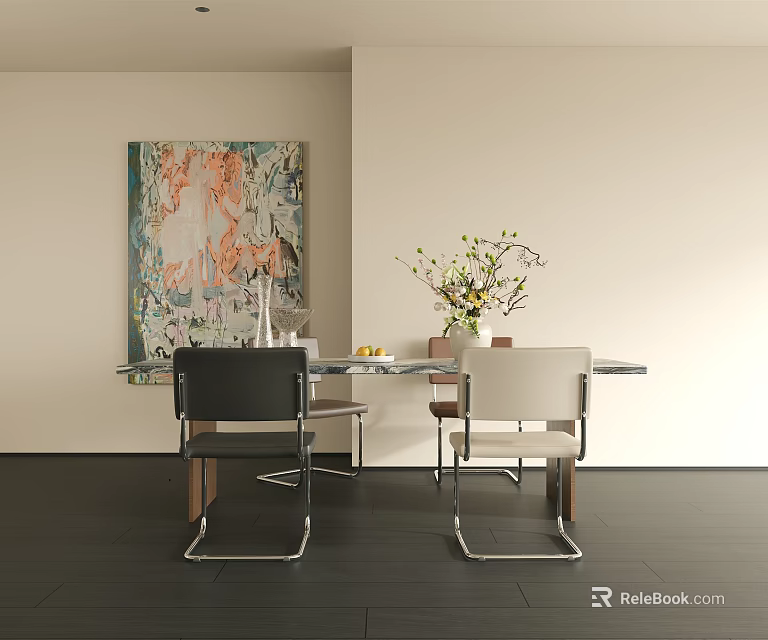 Modern Dining Table Set with Glass Top Metal Frame Chairs and Decorative Painting 3d model 
