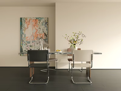 Modern Dining Table Set with Glass Top Metal Frame Chairs and Decorative Painting 3d model