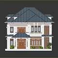 Two Story Building With Blue Roof White Walls Brown Windows And Front Plants