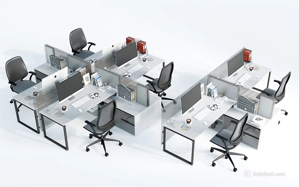Modern Office Workspace With Partitioned Desks Computer Monitors And Ergonomic Chairs 3d model 