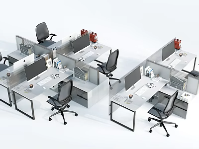 Modern Office Workspace With Partitioned Desks Computer Monitors And Ergonomic Chairs 3d model