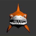 Orange Shark 3D Model With White Underbelly Sharp Teeth Round Eyes And Gray Background Reflection 3d model