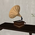 Golden Gramophone Instrument On Dark Wooden Shelf With Green Plant And Gray Wall