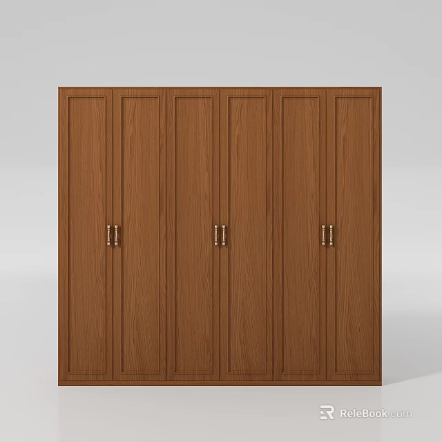 Modern Wooden Wardrobe with Six Doors Vertical Stripes and Gold Handles Interior 3d model 
