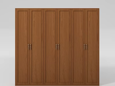 Modern Wooden Wardrobe with Six Doors Vertical Stripes and Gold Handles Interior 3d model