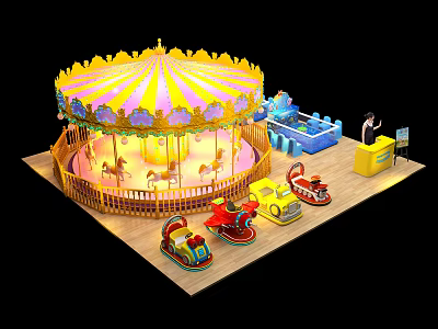 Colorful Amusement Park Carousel Featuring Small Train Rides And Blue Playground Equipment 3d model