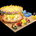 Colorful Amusement Park Carousel Featuring Small Train Rides And Blue Playground Equipment