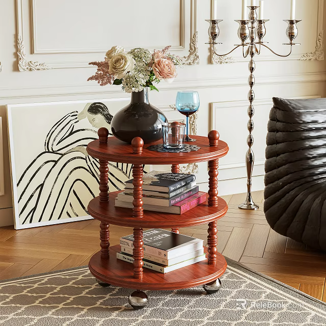 Wooden Three Tiered Round Side Table With Vase Flowers Wine Glass And Books 3d model 