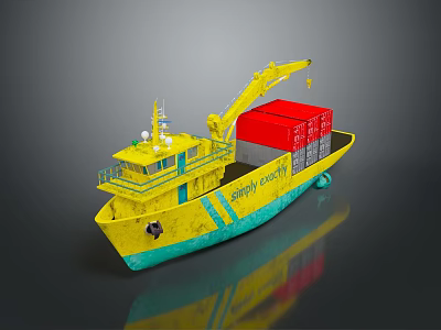 Yellow and Teal Cargo Ship With Yellow Crane Lifting Red Container Shipping Company on Hull 3d model