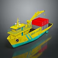 Yellow and Teal Cargo Ship With Yellow Crane Lifting Red Container Shipping Company on Hull