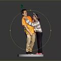 Two People Standing Together on White Base with Green Ornament and Casual Clothing