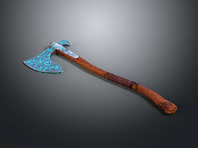 Decorative Battle Axe Weapon With Blue Patterned Blade And Wooden Wrapped Handle 3d model