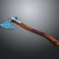 Decorative Battle Axe Weapon With Blue Patterned Blade And Wooden Wrapped Handle