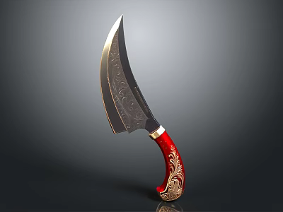 Decorative Knife With Ornate Engraved Blade And Red Handle Golden Floral Designs 3d model