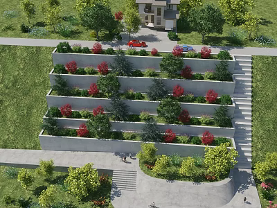 Scenic Residential Landscape With Terraced Gardens Red Flowers Green Lawns And Stone Steps 3d model