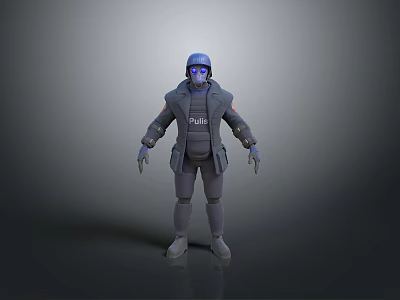 Police Weapon 3D Model Featuring Blue Helmet And Gray Protective Gear 3d model