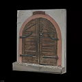 Vintage Arched Wooden Door Model With Pink Frame Metal Hinges And Light Base