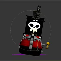 Pirate Ship With Skull Flags Black Flag Red Hull Cage Purple Ball And Yellow Figure