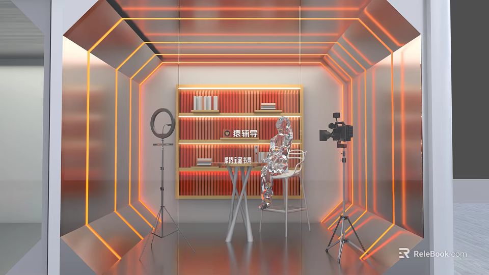 Modern Lounge Room With Orange Lighting Red Bookshelf Silver Mannequin And Camera Tripod 3d model 