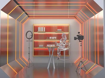 Modern Lounge Room With Orange Lighting Red Bookshelf Silver Mannequin And Camera Tripod 3d model