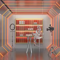 Modern Lounge Room With Orange Lighting Red Bookshelf Silver Mannequin And Camera Tripod