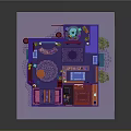 Vibrant Cartoon Room 3D Layout With Colorful Furniture Sofa Table And Stained Glass Arched Windows