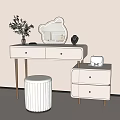 Modern Minimalist White Dressing Table With Gold Legs Round Stool And Unique Shaped Mirror