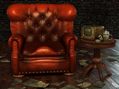 Red Leather Tufted Single Sofa With Vintage Radio Teapot On Side Table Brick Wall Background 3d model