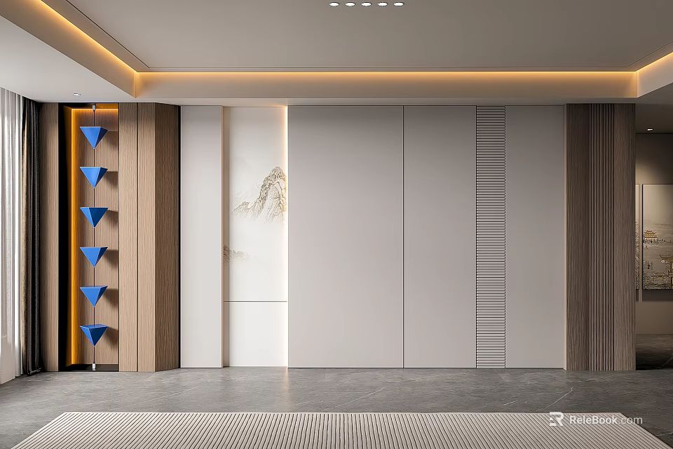 Modern Luxury Sofa Background Wall With Wooden Panels Marble Accent Decorative Painting And Light Strip 3d model 