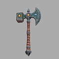 Fantasy Battle Axe Weapon With Wooden Handle And Colorful Gemstone Inlays