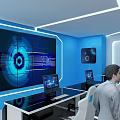 Modern Technical Control Room With Large Screens Workstations Staff And Blue Lighting 3d model